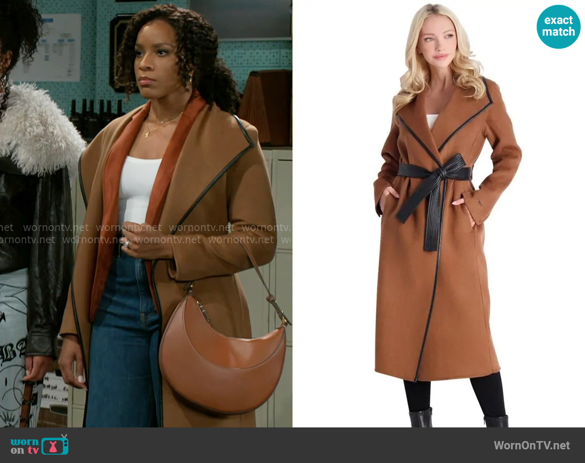 Tahari Juliette Wool Blend Belted Wrap Coat in Caramel worn by Naomi Hamilton Hawthorne (Arielle Prepetit) on Beyond the Gates