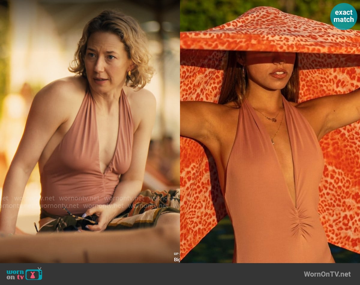 Tara Matthews Arinella Swimsuit in Faded Rose worn by Laurie (Carrie Coon) on The White Lotus