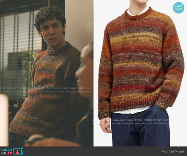 YMC Striped Crewneck Sweater in Brown worn by Teddy Tascioni (Ben Levi Ross) on Elsbeth