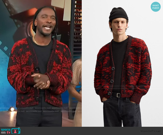 Zara Jacquard Cardigan worn by Scott Evans on Access Hollywood