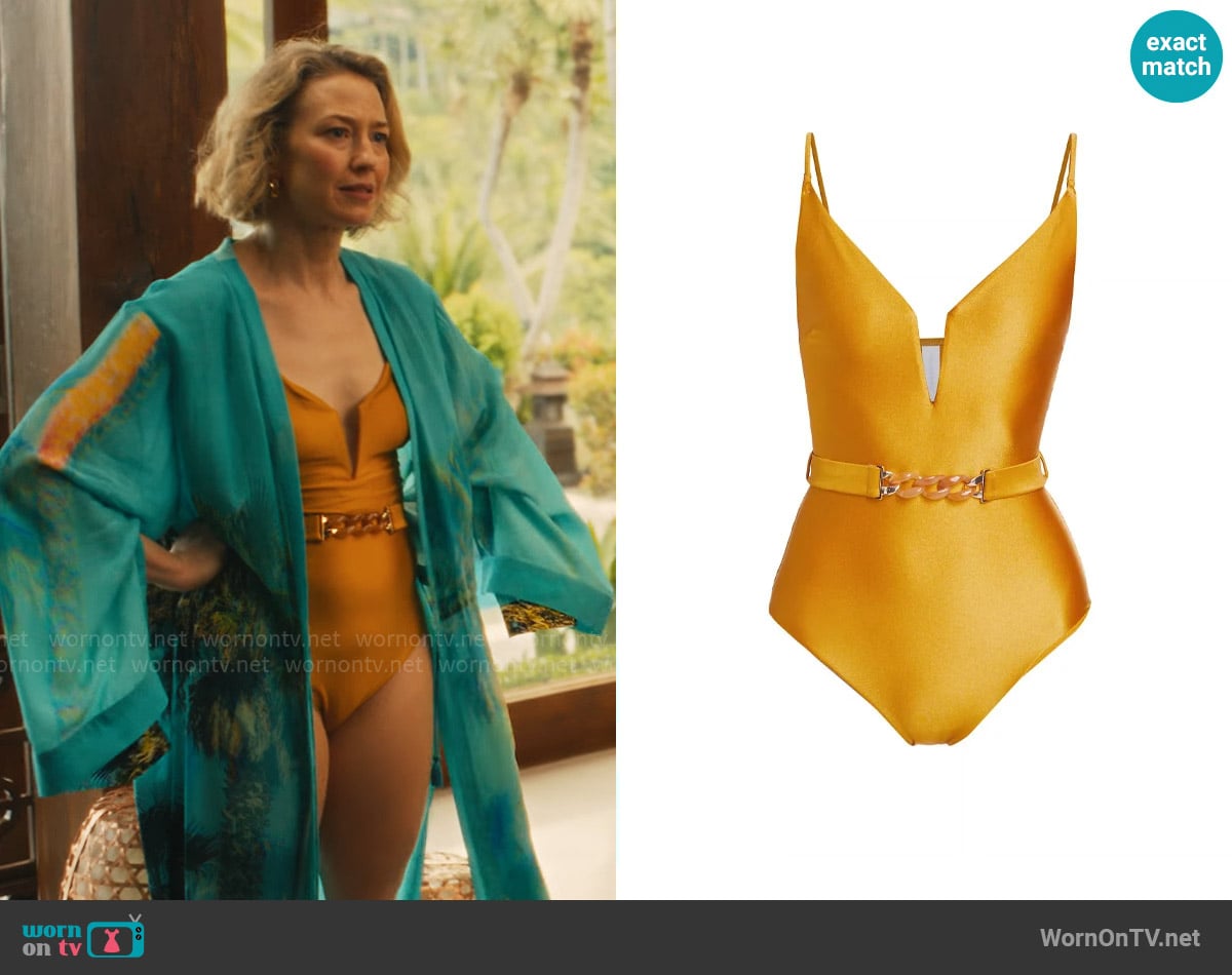 Zimmermann August Plunge One-Piece Swimsuit worn by Laurie (Carrie Coon) on The White Lotus