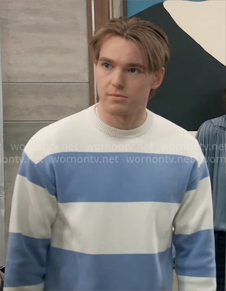 Aiden’s blue striped sweater on General Hospital