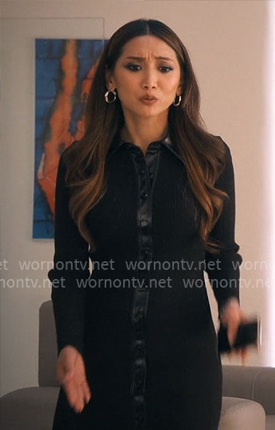 Ali’s black leather trim button front dress on Running Point