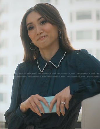 Ali’s navy embellished collar blouse on Running Point