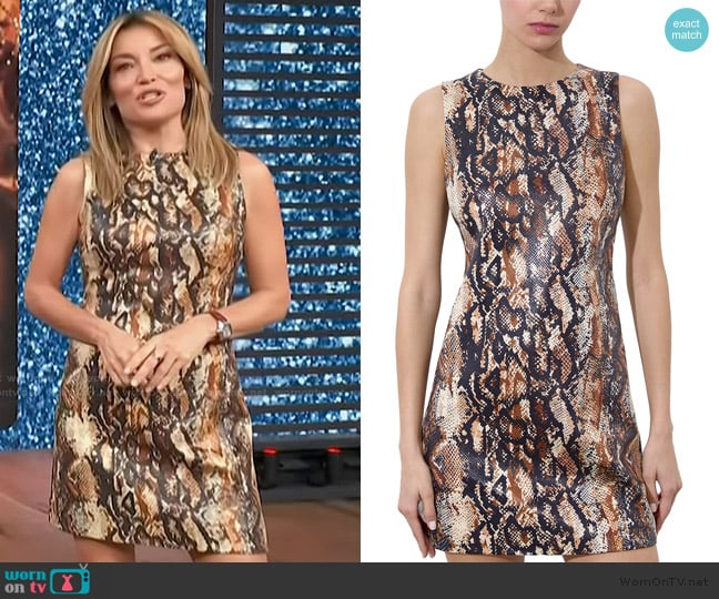 Alice + Olivia Clyde Faux Snakeskin Mini Shift Dress worn by Kit Hoover on Access Hollywood