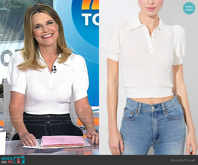 Alice + Olivia Ramona Pointelle Polo Top worn by Savannah Guthrie on Today