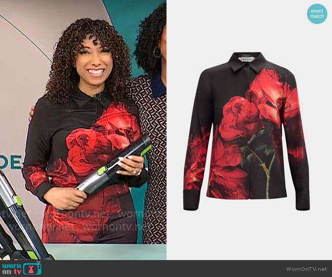Alice + Olivia Brady Shirt in Peony Petals Bright Ruby worn by Gabrielle Kerr on CBS Mornings