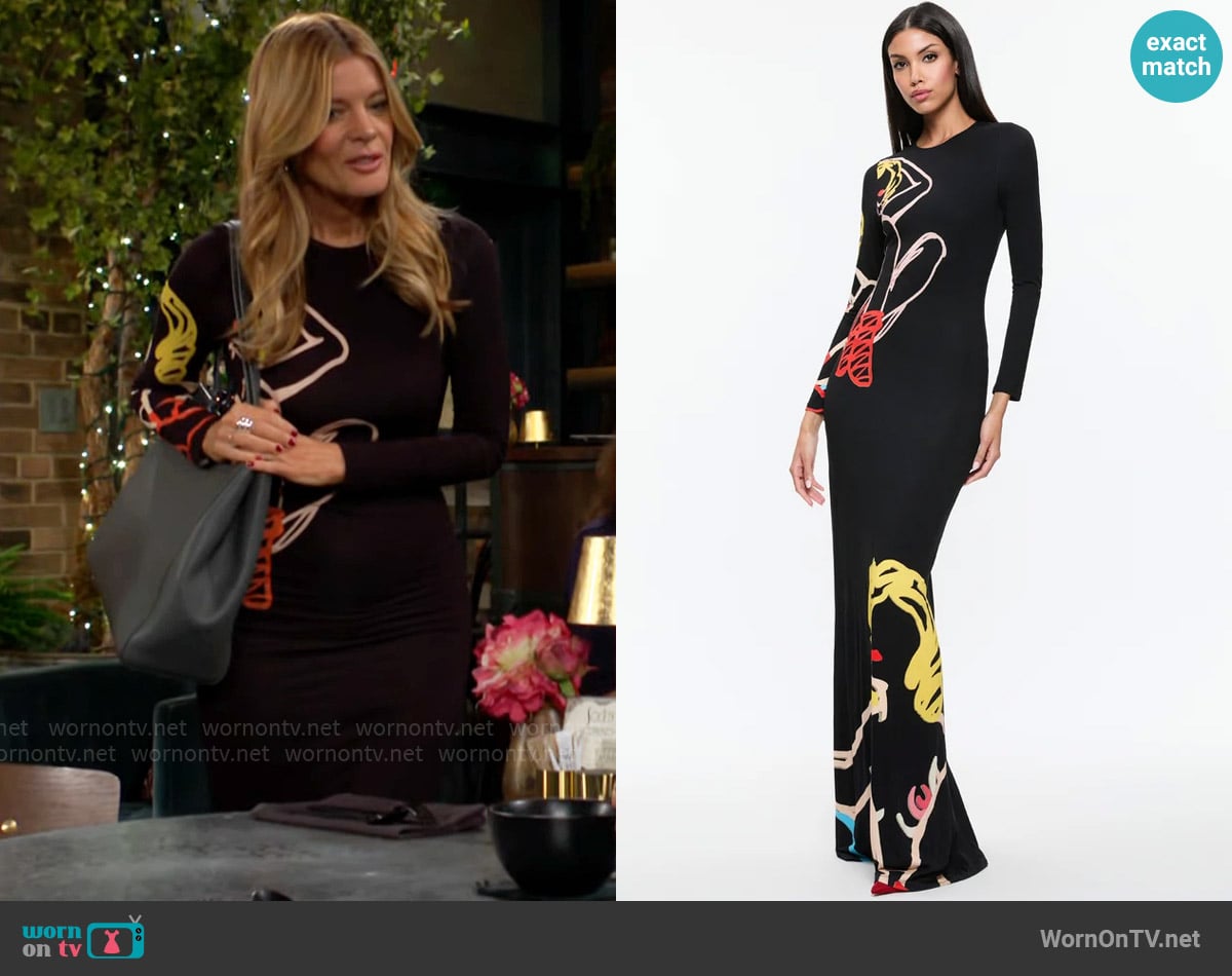 Alice + Olivia x Tom Wesselmann Delora Maxi Dress in Natural Beauty worn by Phyllis Summers (Michelle Stafford) on The Young and the Restless