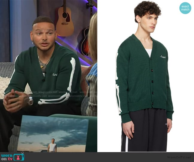 Amiri Bones Logo-Embroidered Appliqued Cotton Cardigan worn by Kane Brown on The Kelly Clarkson Show