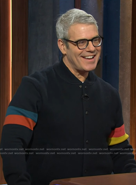 Andy Cohen’s sleeve stripe bomber jacket on The Kelly Clarkson Show