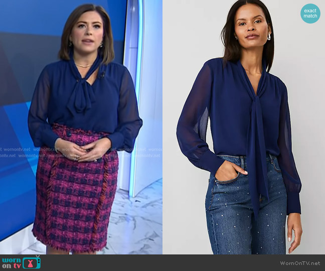 WornOnTV: Chloe's blue tie neck blouse and pink tweed skirt on