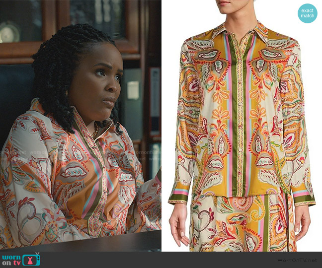 Antonio Melani Polina Paisley Long Sleeve Coordinating Button Down Blouse worn by Peggy (Brittany L. Smith) on Sweet Magnolias