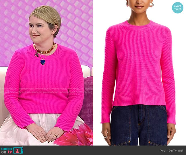 Aqua Cashmere Ribbed Crewneck Sweater in Neon Pink worn by Jillian Bell on Today