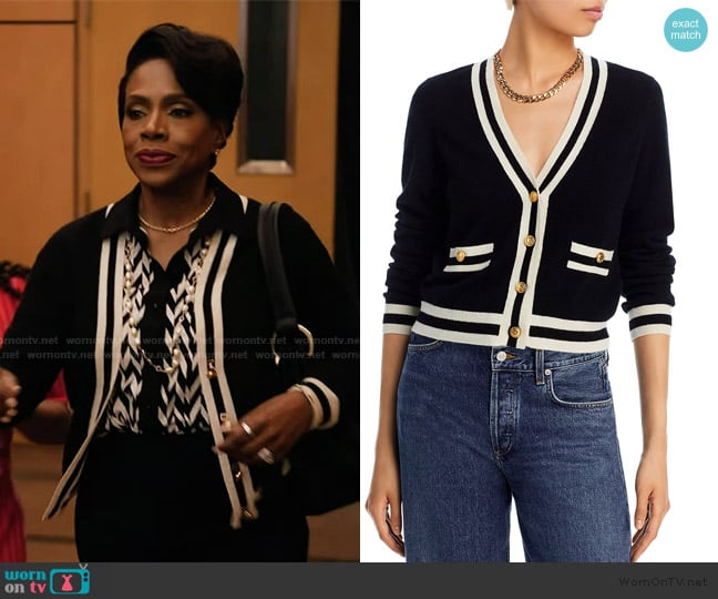 Aqua Cashmere Stripe Trim Novelty Button Cashmere Cardigan worn by Barbara Howard (Sheryl Lee Ralph) on Abbott Elementary
