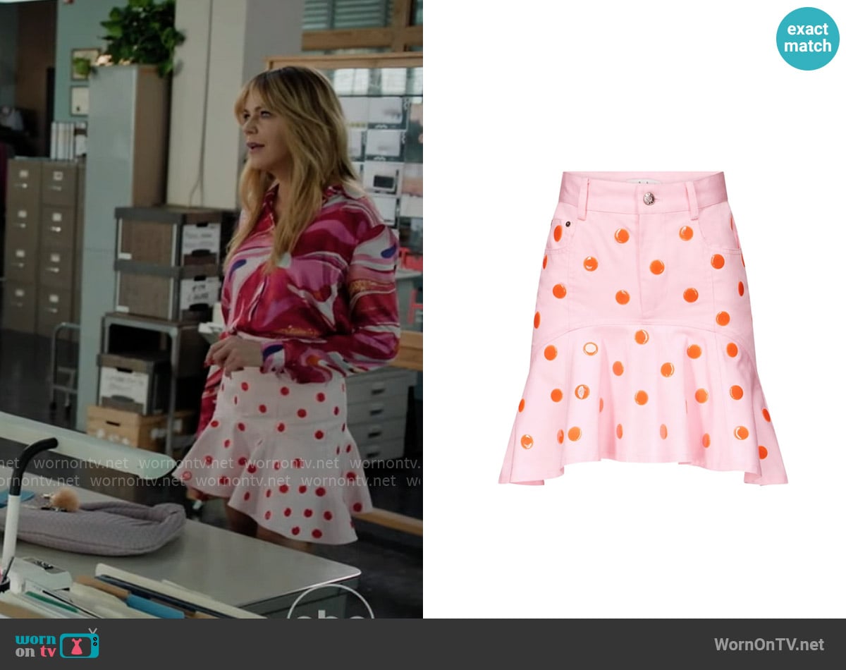 Area Polka Dot-print Ruffle-hem Skirt worn by Morgan Gillory (Kaitlin Olson) on High Potential