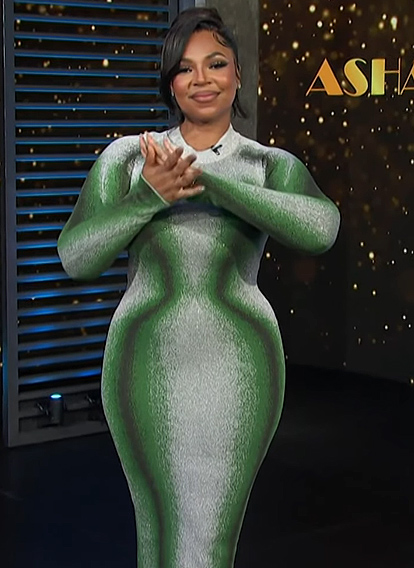Ashanti’s green long sleeve dress on Access Hollywood