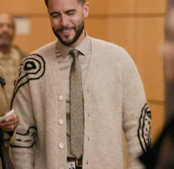 Manny’s beige paisley cashmere cardigan on Abbott Elementary