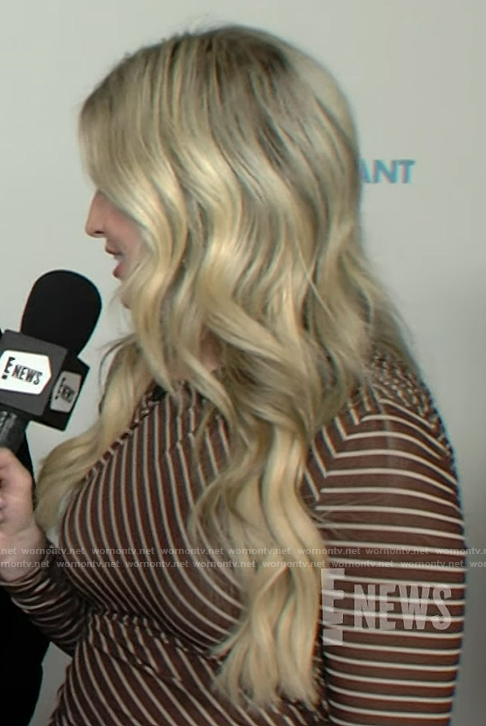Ashley’s brown striped off shoulder dress on E! News