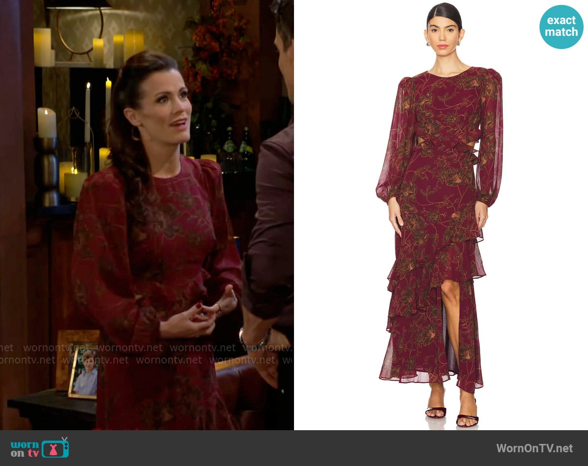 ASTR The Label Biella Dress in Plum Brown Floral worn by Chelsea Lawson (Melissa Claire Egan) on The Young and the Restless