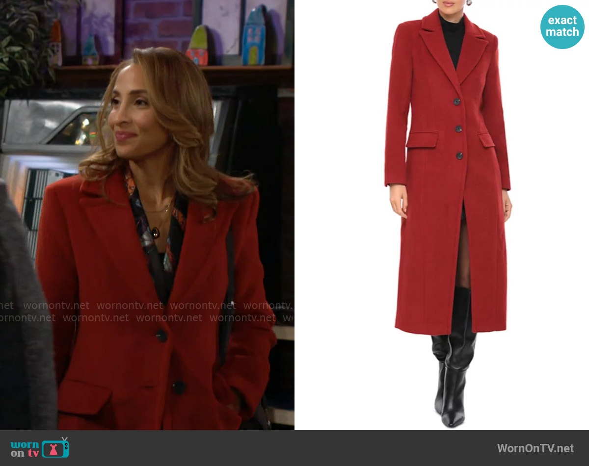 Avec Les Filles Cutaway Coat in Carmine worn by Lily Winters (Christel Khalil) on The Young and the Restless