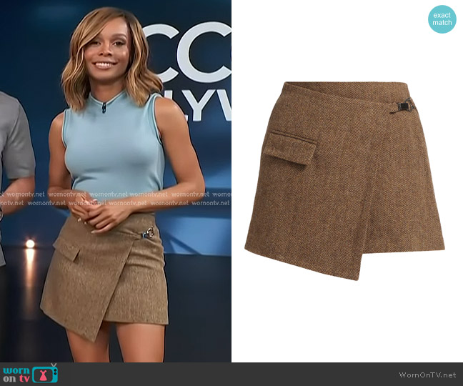 Ba&Sh Cara Herringbone Wool Miniskirt in Camel worn by Zuri Hall on Access Hollywood