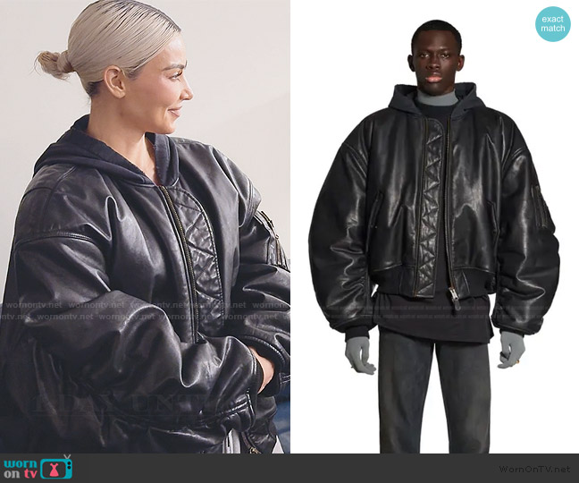 Balenciaga Oversized leather bomber jacket worn by Kim Kardashian (Kim Kardashian) on The Kardashians