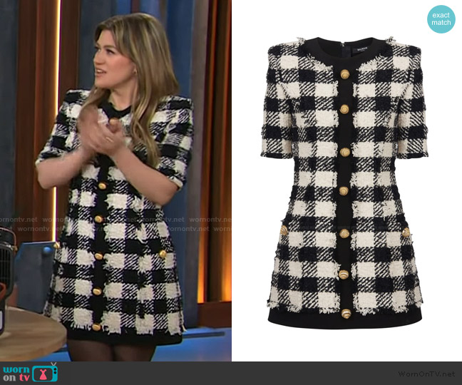 Balmain Gingham Tweed Dress worn by Kelly Clarkson on The Kelly Clarkson Show