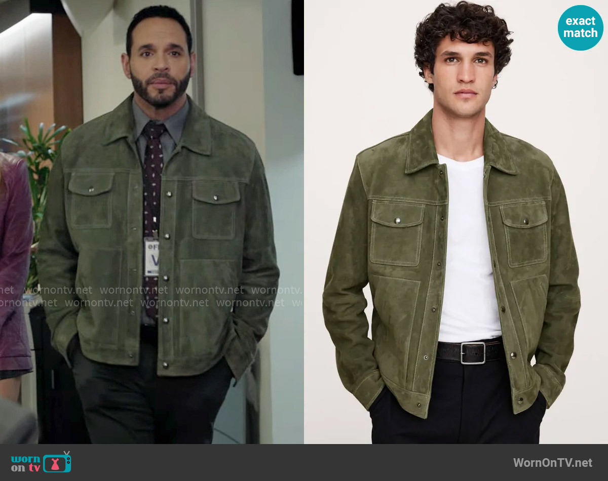 Banana Republic Suede Trucker Jacket in Light Pine Green worn by Adam Karadec (Daniel Sunjata) on High Potential