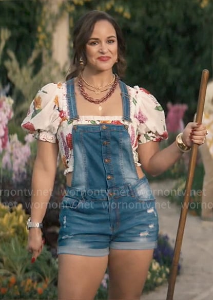 Birdie’s floral crop top and denim overalls on Grosse Pointe Garden Society