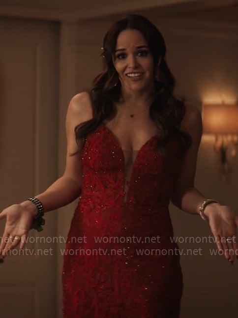 Birdie’s red embellished gown on Grosse Pointe Garden Society