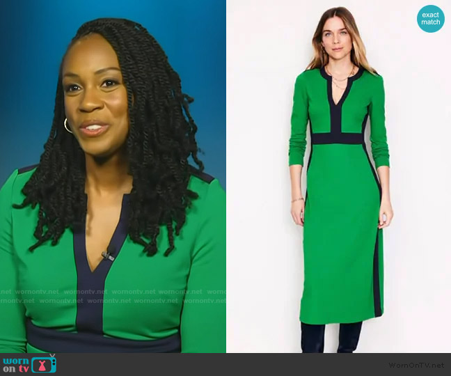 Boden Catherine Ponte Midi Dress in Rich Emerald worn by Blayne Alexander on Access Hollywood