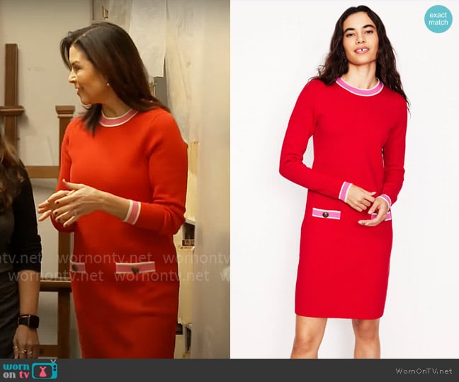 Boden Holly Knitted Shift Dress in Poppy Red worn by Meg Oliver on CBS Mornings