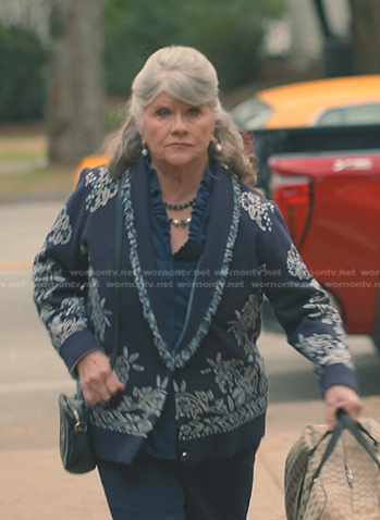 Bonnie’s navy frayed trim jacket on Sweet Magnolias