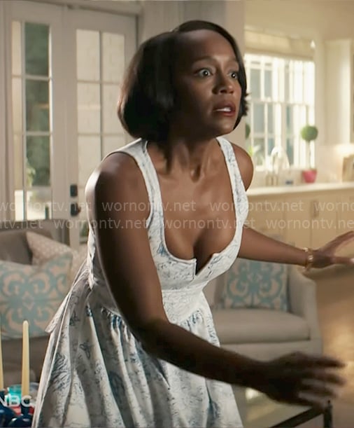 Catherine’s blue floral V dress on Grosse Pointe Garden Society