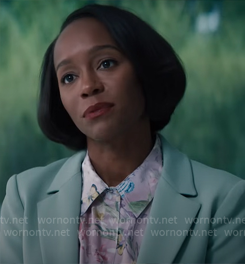 Catherine’s lilac floral blouse and green short suit on Grosse Pointe Garden Society