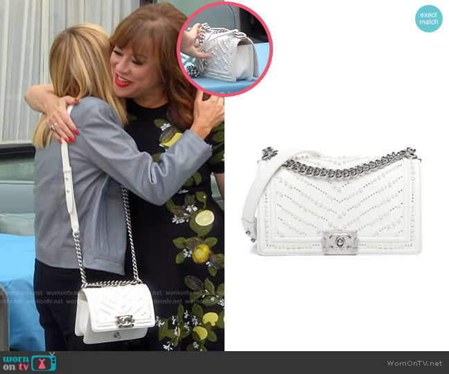 Chanel Calfskin Pearl Chevron Quilted Medium Boy Flap worn by Sutton Stracke on The Real Housewives of Beverly Hills