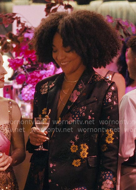 Chanelle’s black floral blazer on Apple Cider Vinegar