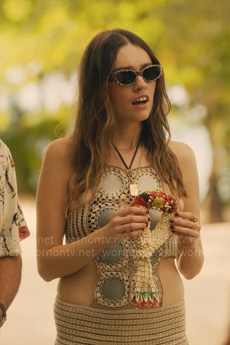 Chelsea’s crochet cutout mini dress on The White Lotus