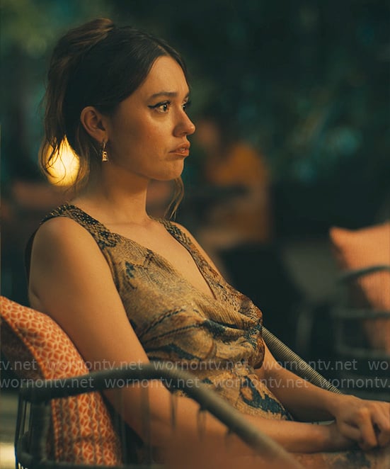 Chelsea’s printed cowl neck dress on The White Lotus