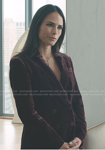 Chloe’s burgundy velvet blazer and pants on Elsbeth