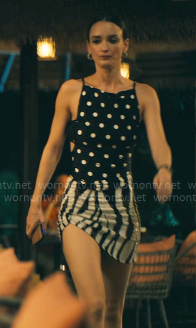 Chloe’s polka dot bodysuit and zebra skirt on The White Lotus