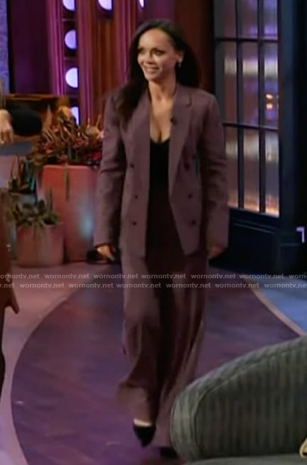 Christina Ricci’s purple tweed blazer and pants on The Kelly Clarkson Show