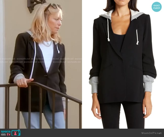 Cinq a Sept Hooded Khloe Jacket in Black/ Heather Grey worn by Sutton Stracke on The Real Housewives of Beverly Hills