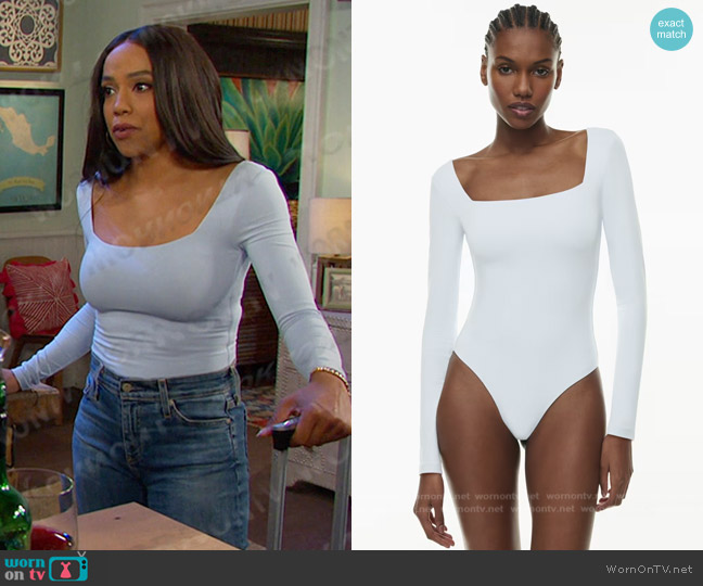 Contour Squareneck Longsleeve Bodysuit in Cruise Blue worn by Jada Hunter (Elia Cantu) on Days of our Lives