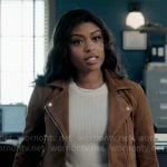 Daphne’s brown suede moto jacket on High Potential