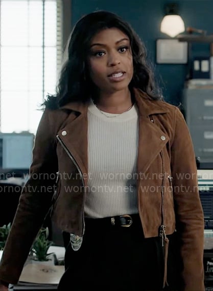 Daphne’s brown suede moto jacket on High Potential