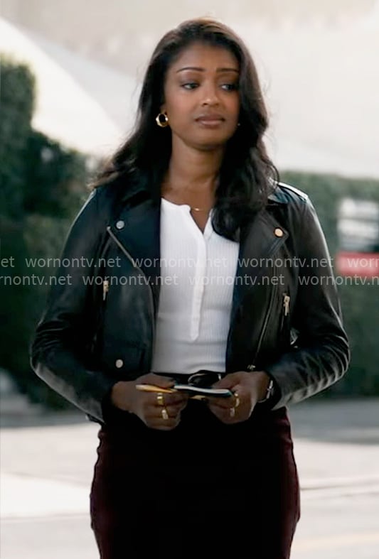 Daphne’s cropped leather moto jacket on High Potential