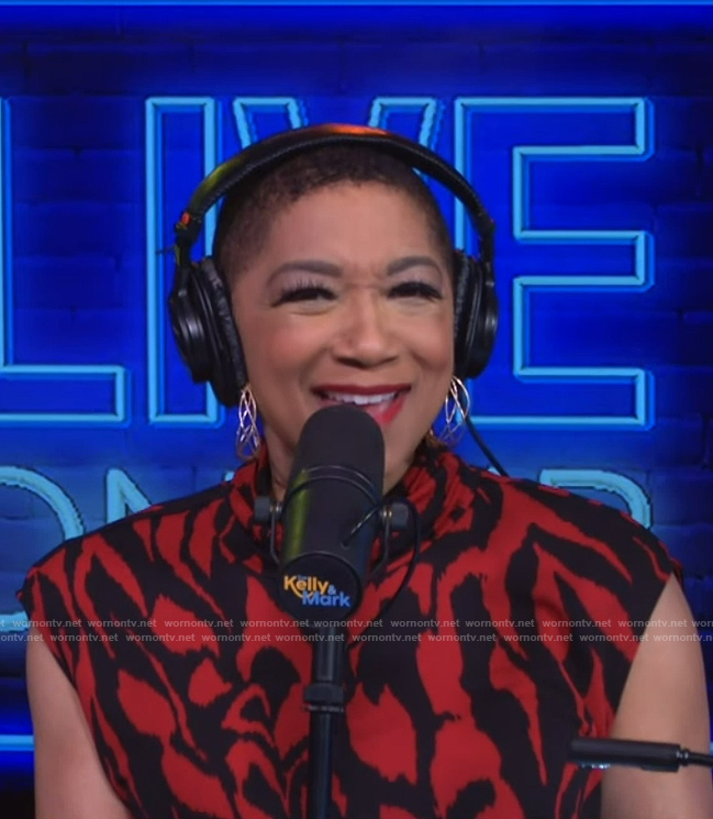 Deja Vu’s red printed mock neck top on Live with Kelly and Mark