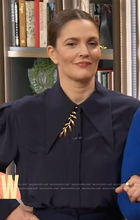 Drew’s navy blouse and pants on The Drew Barrymore Show