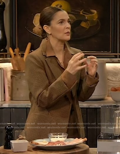 Drew’s check print blazer and skirt on The Drew Barrymore Show